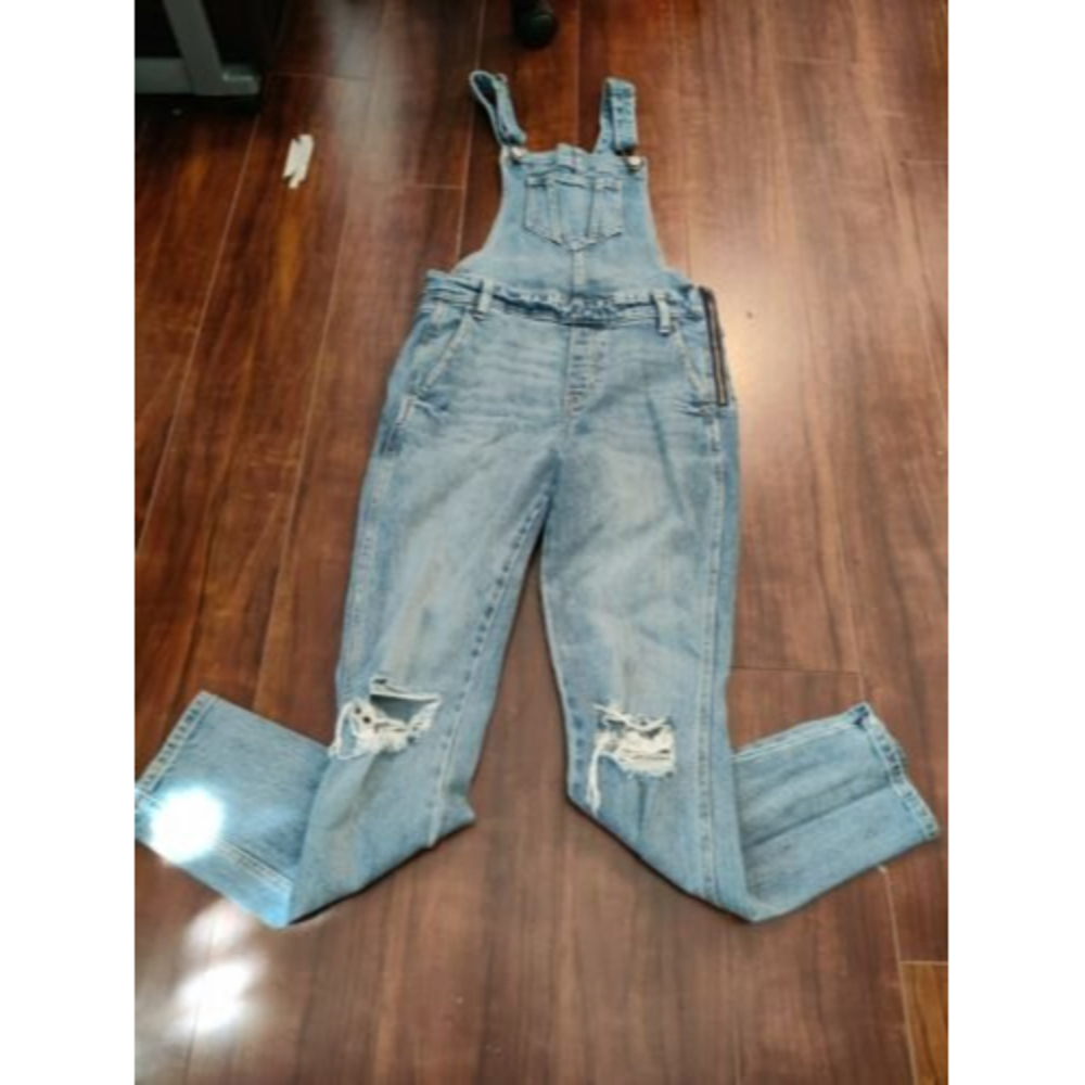 Old Navy Bib Overalls size 0 Light Wash Pockets Denim zip side Distressed